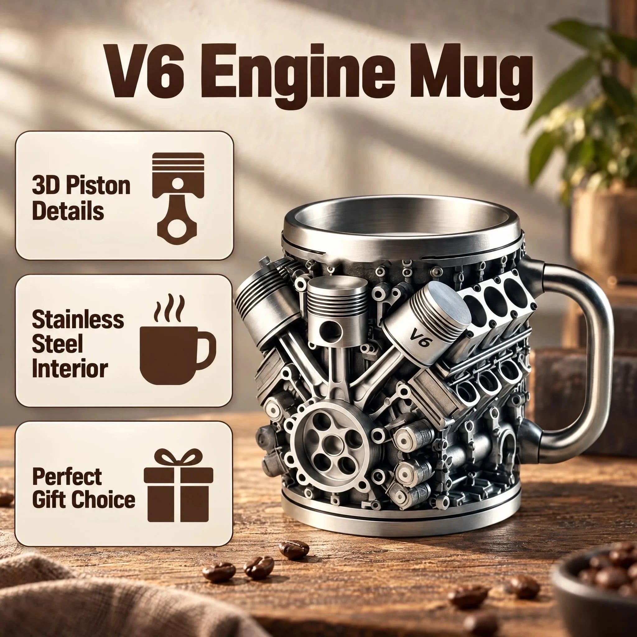 V6 Engine Stainless Steel Coffee Mug — 3D Mechanical Car Design
