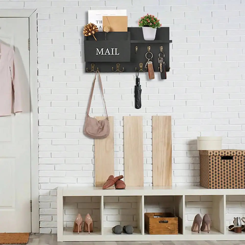 Wall Mount Key Holder & Mail Organizer — Multi-Function Entryway Shelf