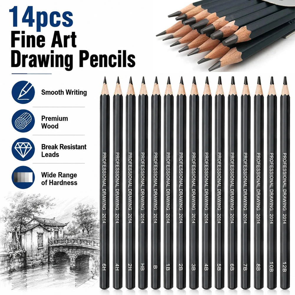Professional Sketch Pencil Set — 14-Piece Wooden Drawing Kit for Artists