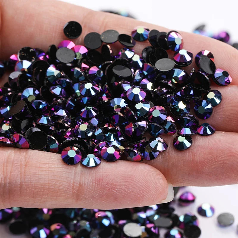 PUBRILEX Black AB Crystal Rhinestones — Multi-Size Resin Beads for Nail Art & DIY Crafts