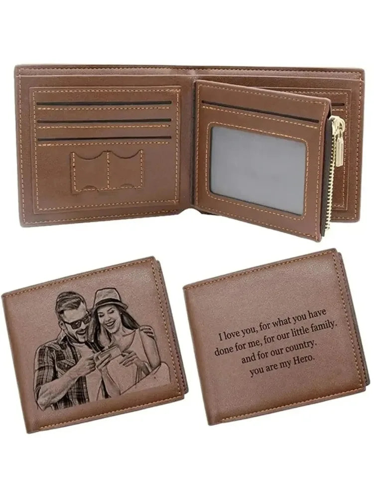 Personalized Photo Engraved Wallet — Custom Name Folding Purse for Men