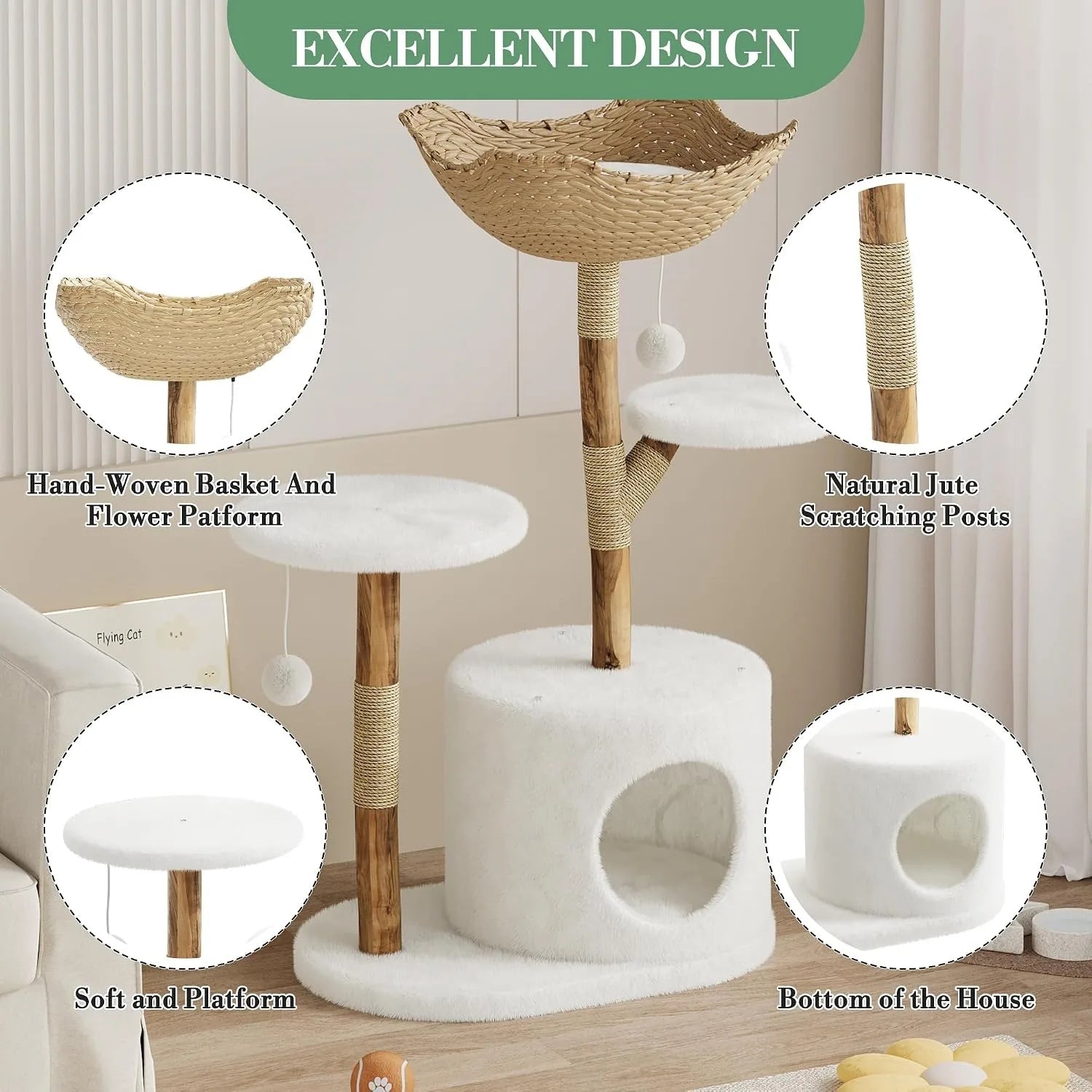 Wooden Cat Tree Tower with Rattan — Multi-Level Climbing Activity Center