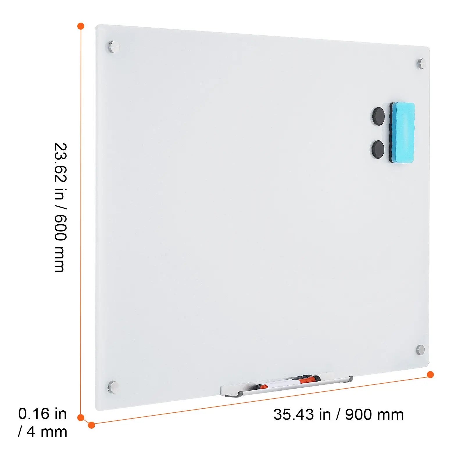 Magnetic Glass Whiteboard — Large Frameless Dry Erase Board, 36"x24"