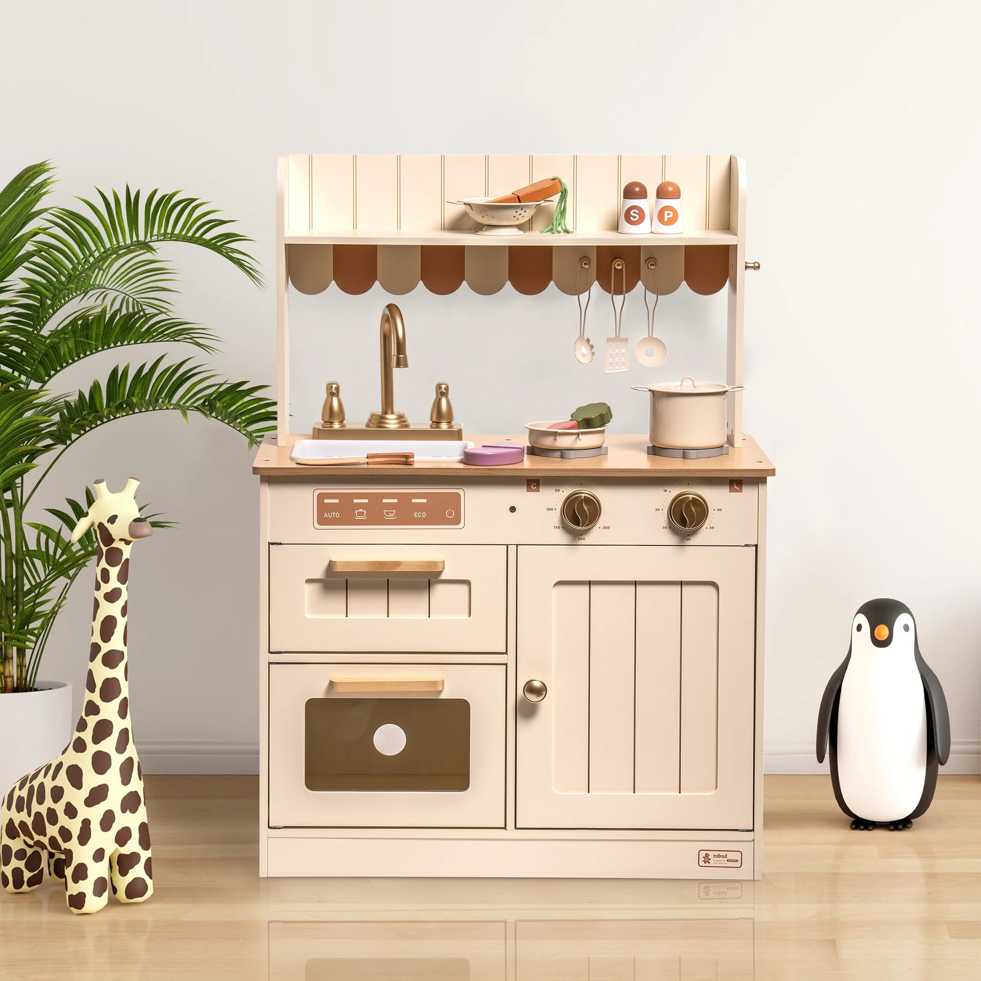 Robud Wooden Play Kitchen Set — Pretend Play Toy with Accessories, Beige