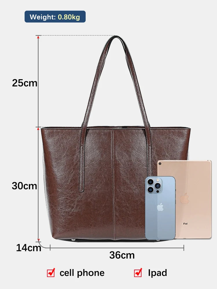 ZENCY Genuine Leather Tote Bag — Large Capacity Shoulder Bag for Work & Travel