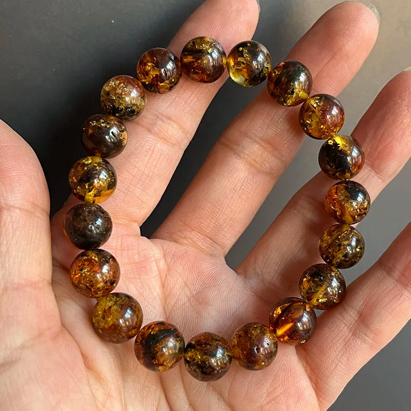 Yoowei Natural Baltic Amber Bracelet — Round Piebald Gemstone Jewelry