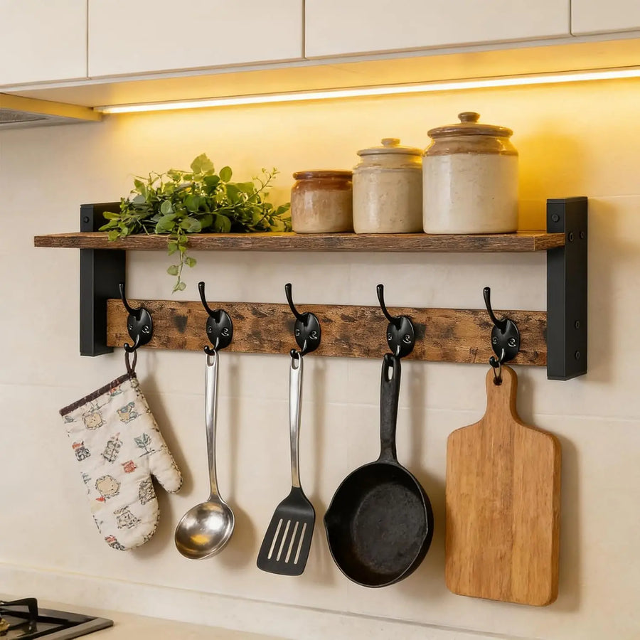 Wall Mounted Coat Rack & Shelf — Industrial Wood and Iron Entryway Organizer