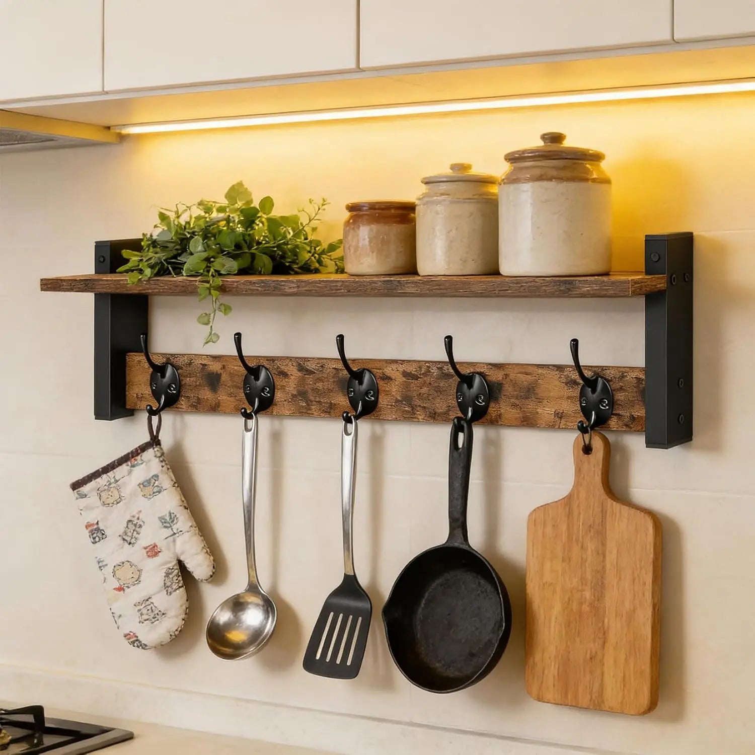 Wall Mounted Coat Rack & Shelf — Industrial Wood and Iron Entryway Organizer