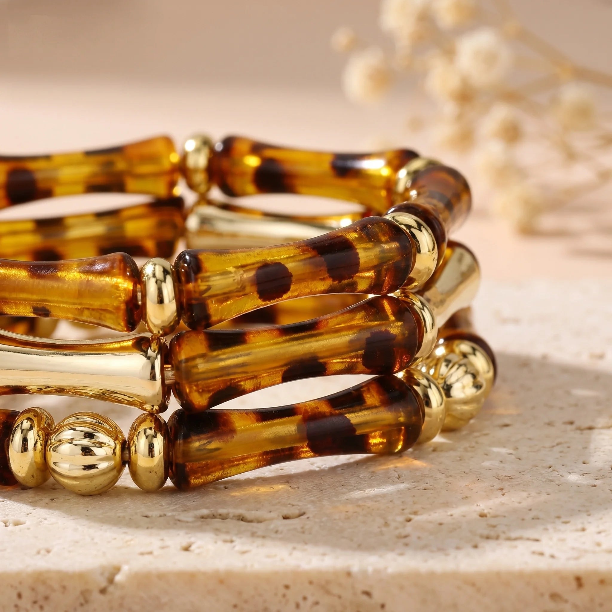 Obega Tortoise Shell Bamboo Tube Bracelet — Vintage Gold Accent Bangle