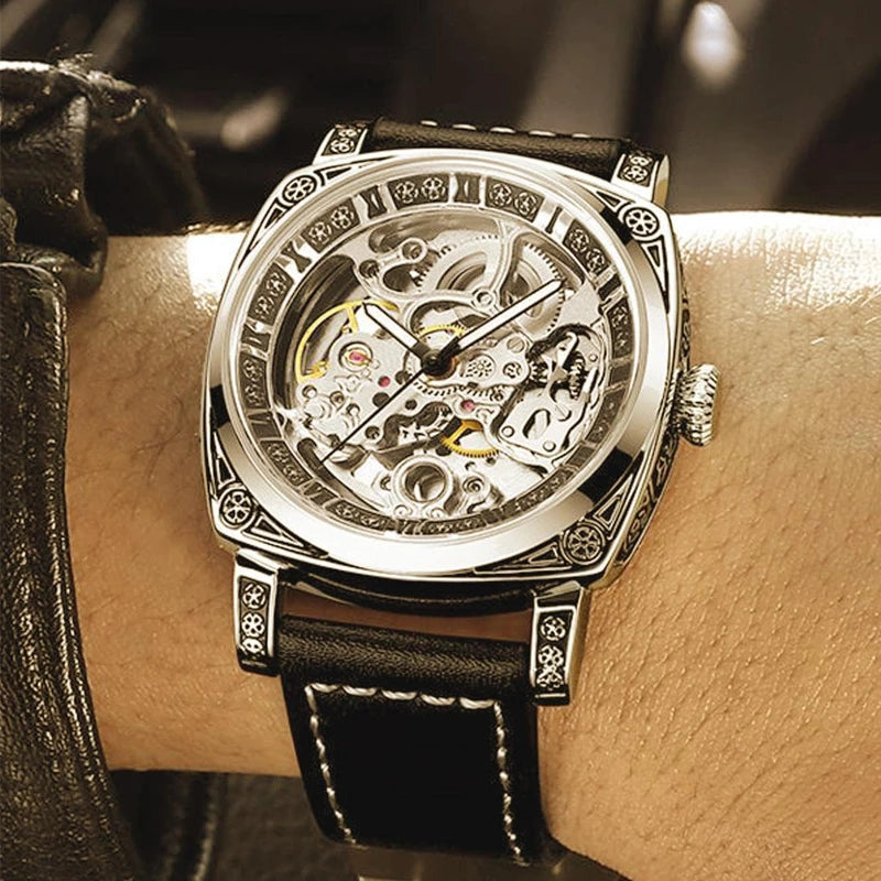 MEIRUIQI Men's Automatic Tourbillon Watch — Luminous Carved Mechanical Timepiece