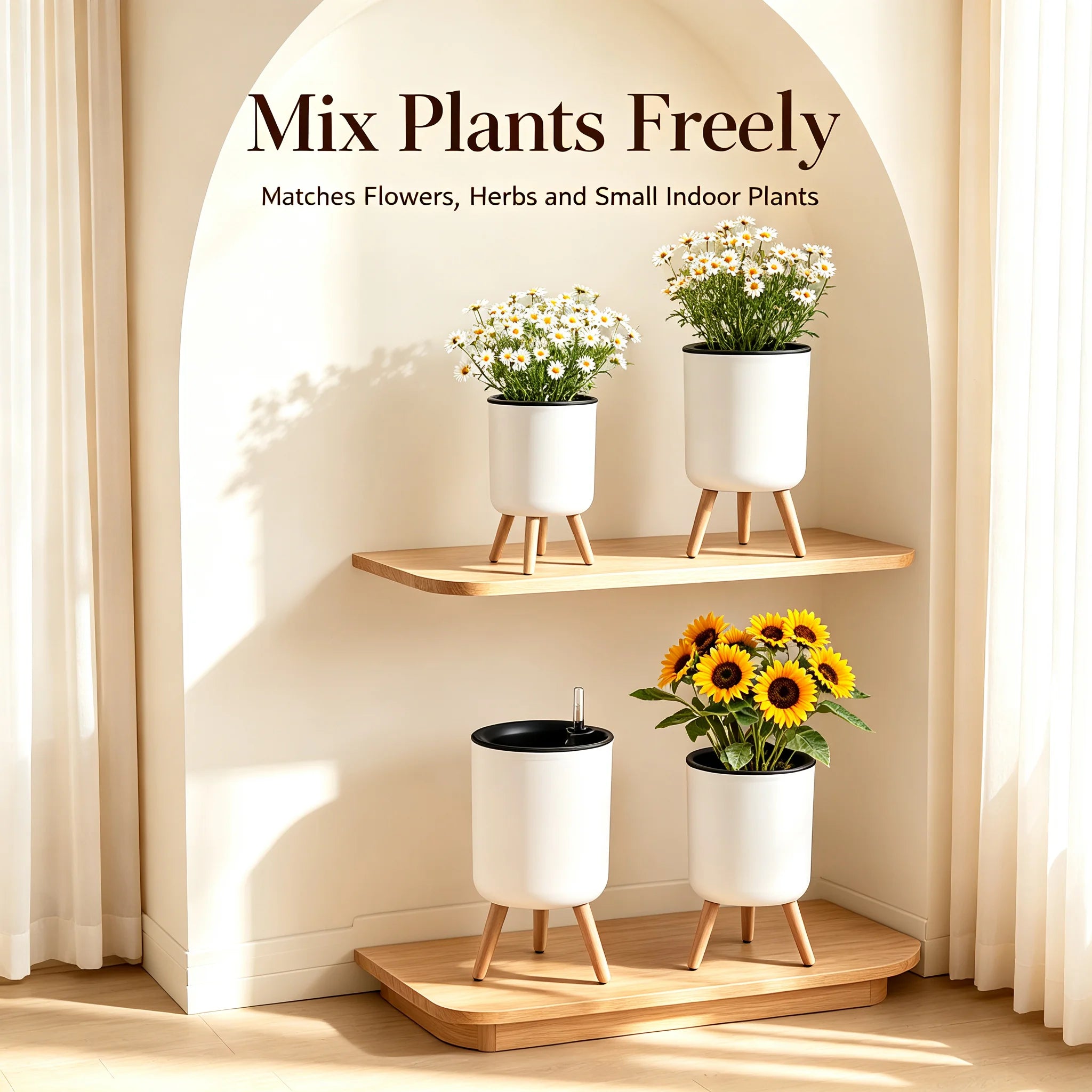 Modern Standing Self-Watering Planter — Decorative Floor Pot with Tripod Support