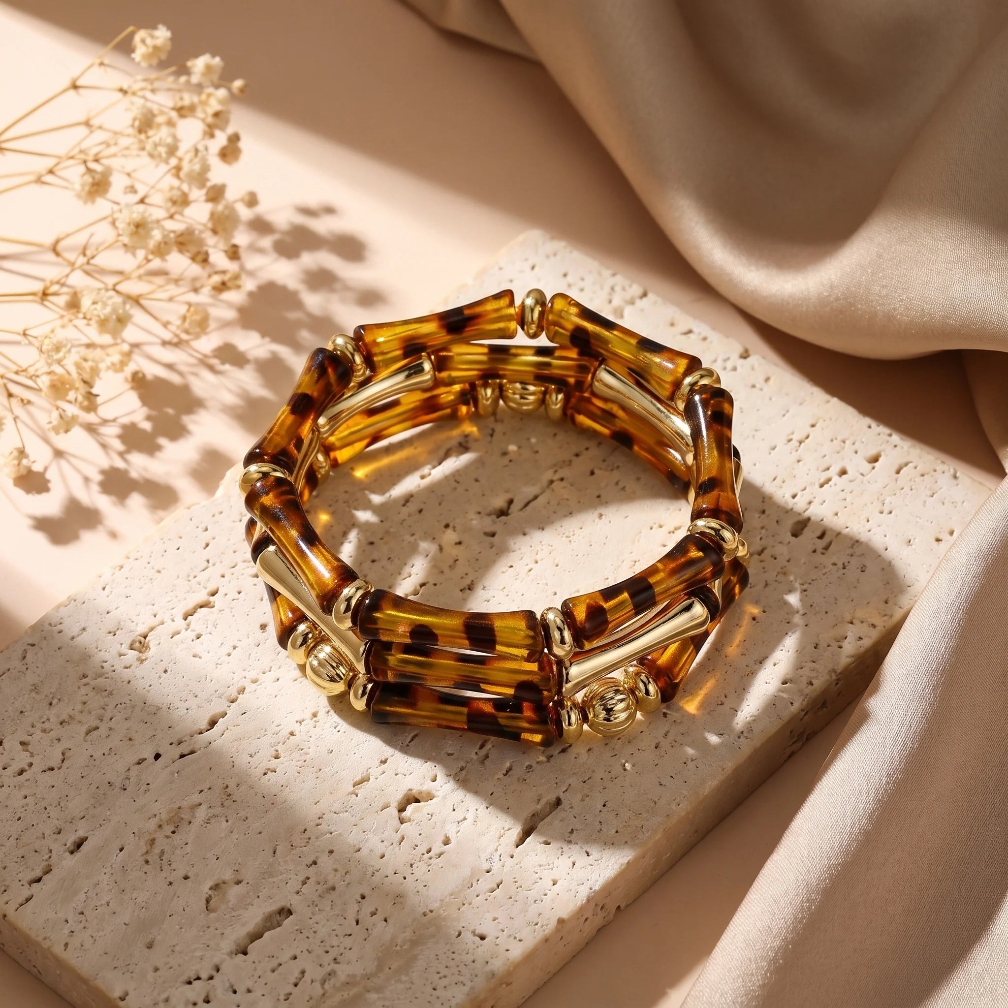 Obega Tortoise Shell Bamboo Tube Bracelet — Vintage Gold Accent Bangle