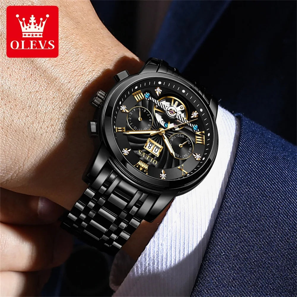 OLEVS Classic Men's Automatic Watch — Luxury Skeleton Tourbillon Design