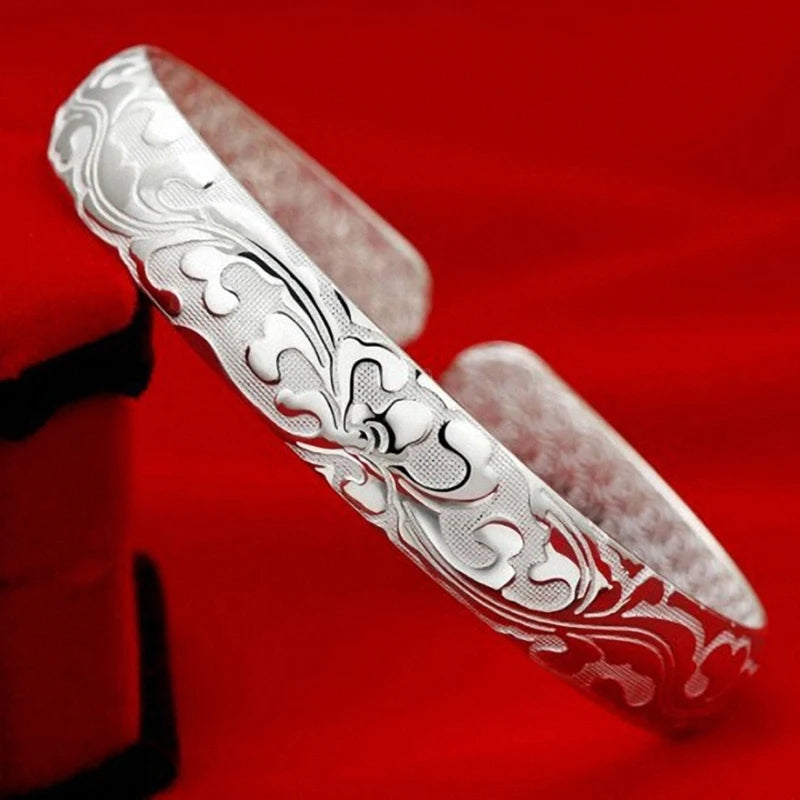 Sterling Silver Decorative Pattern Cuff — Elegant Animal Design Bangle