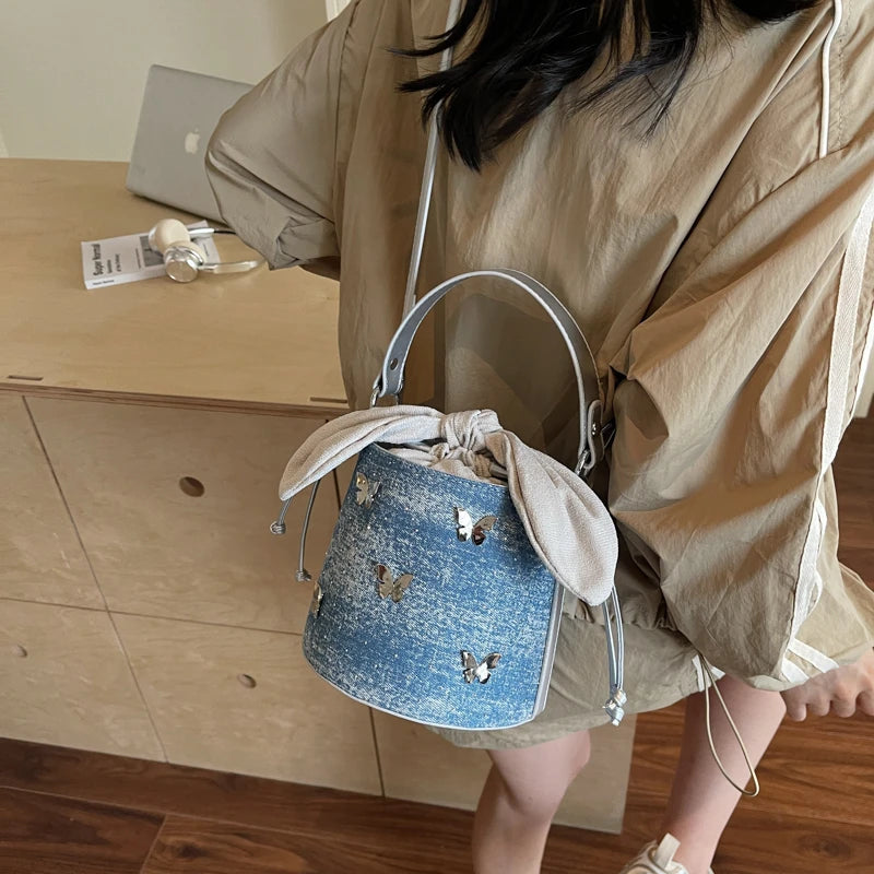 Denim Mini Crossbody Bag — Vintage Butterfly Bucket Handbag
