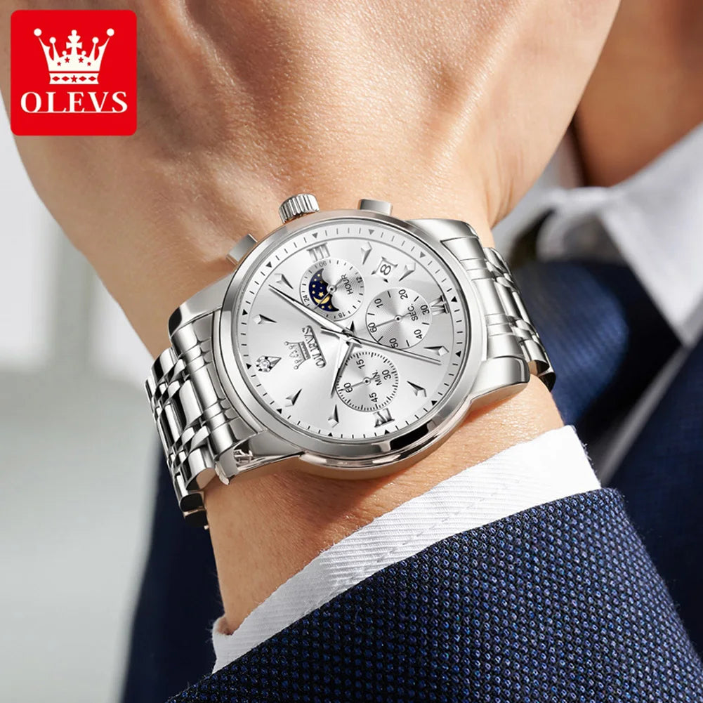 OLEVS 3639 Luxury Quartz Watch — Stainless Steel Moon Phase Men's Timepiece