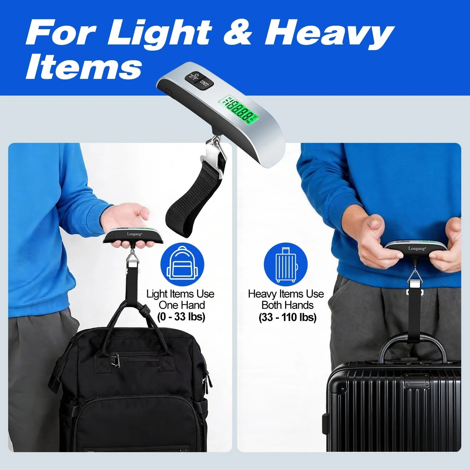 Digital Hanging Luggage Scale — Portable Suitcase Weight Checker, Backlit LCD