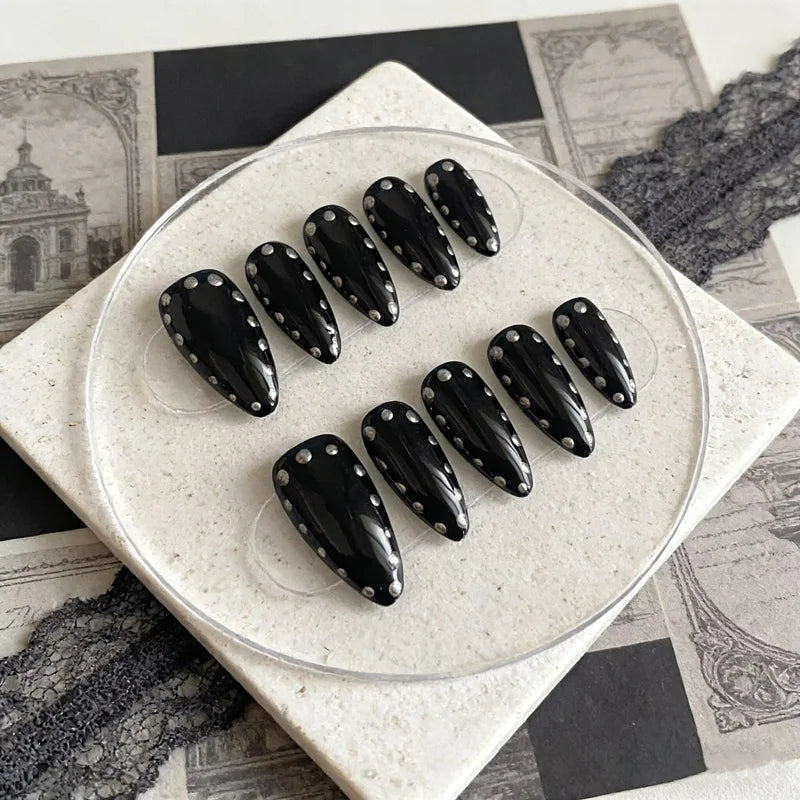 Handmade Black Gothic Press On Nails — Luxury Rock-Chic Almond Manicure