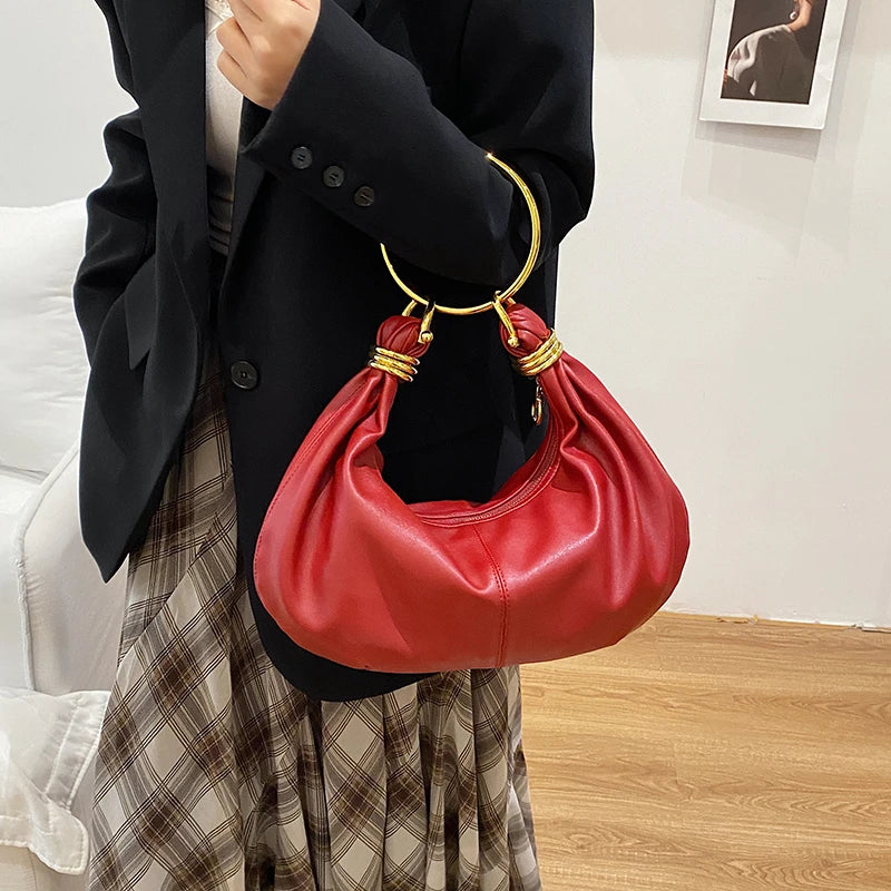 Elegant PU Leather Hobo Bag — Stylish Gold Ring Handle Tote