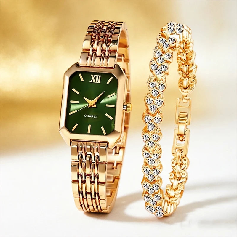 Women's Rectangular Quartz Watch & Bracelet Set — Elegant Fashion Accessory