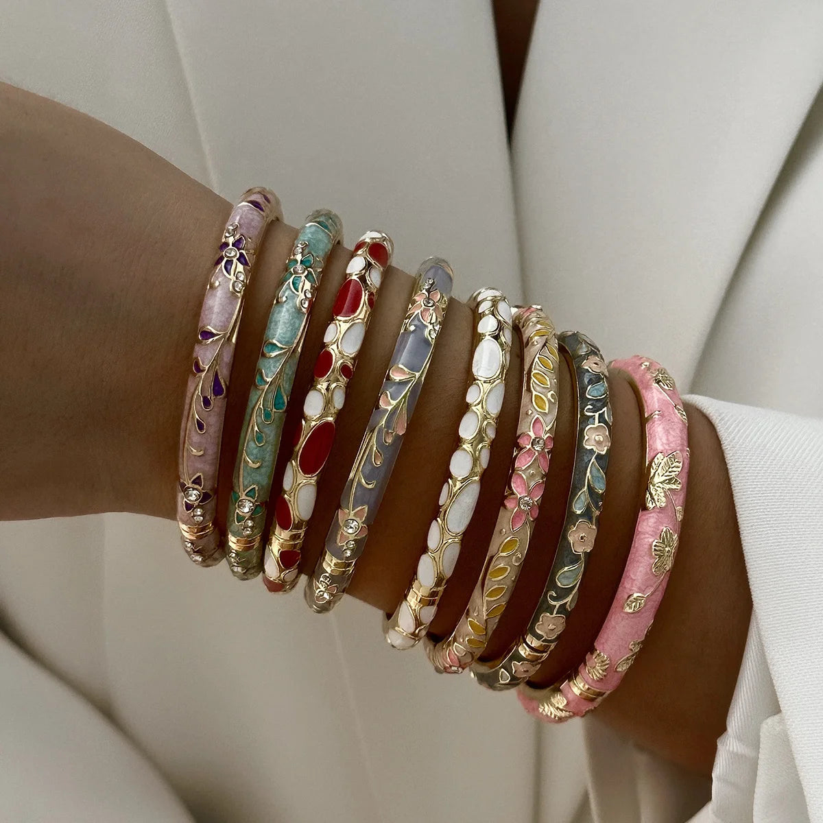 Boho Ethnic Cloisonne Enamel Flower Bracelets — Multicolor Floral Stacking Bangles