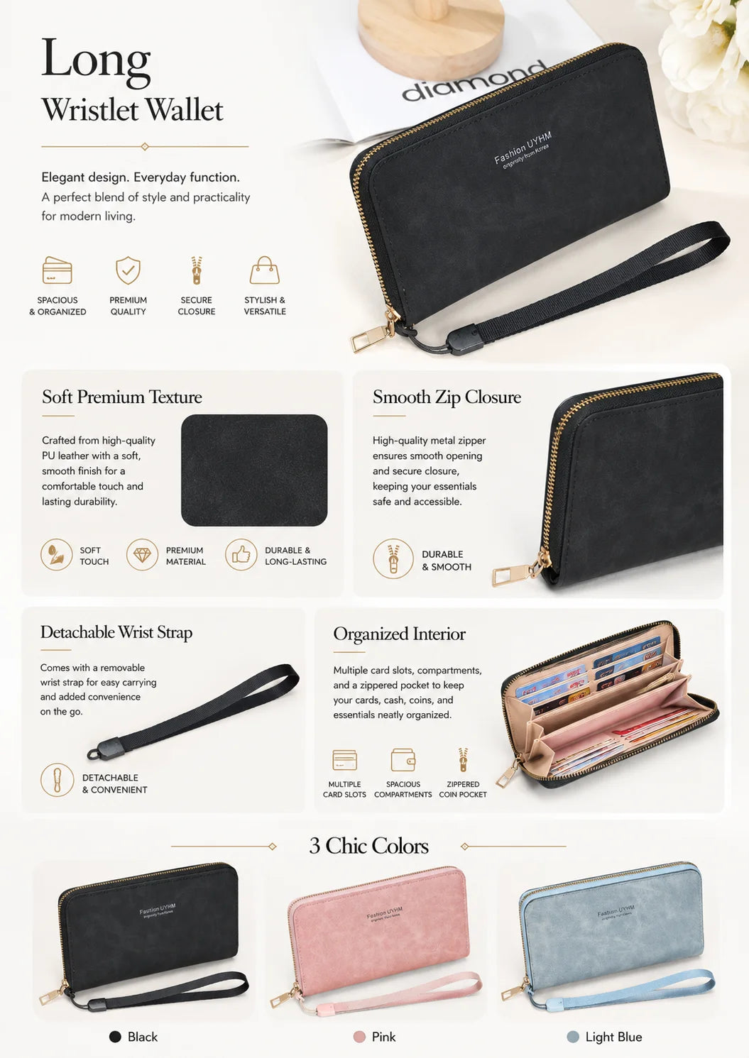 Long Zipper Clutch Wallet — Large Capacity Wristlet Handbag