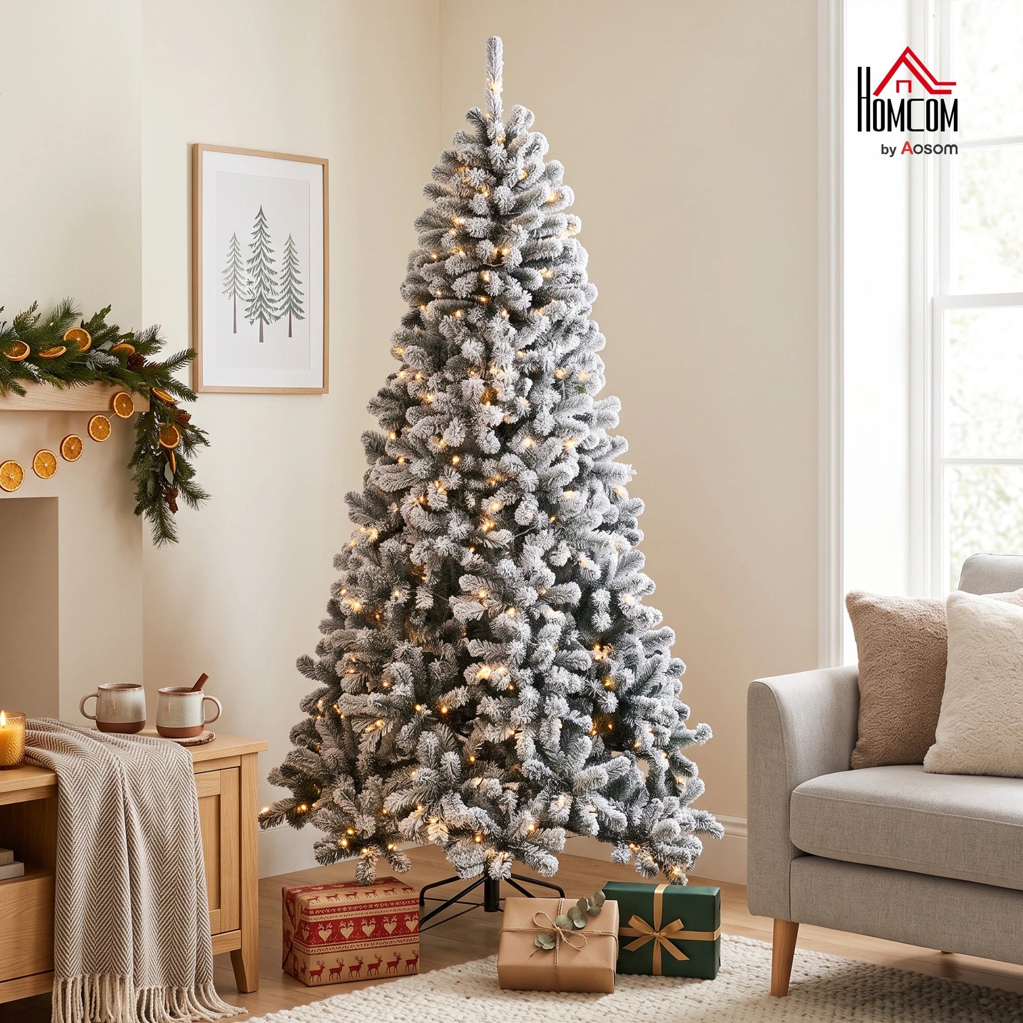 HOMCOM 7.5ft Flocked Christmas Tree — Pre-lit Northern Pine with 350 LEDs