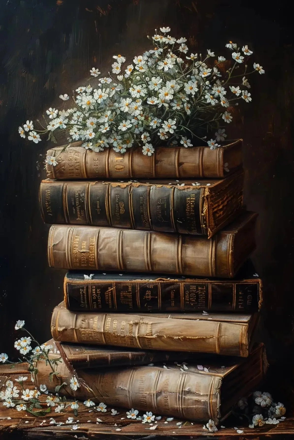 Vintage Bookstore Canvas Painting — Dark Academia Floral Wall Art