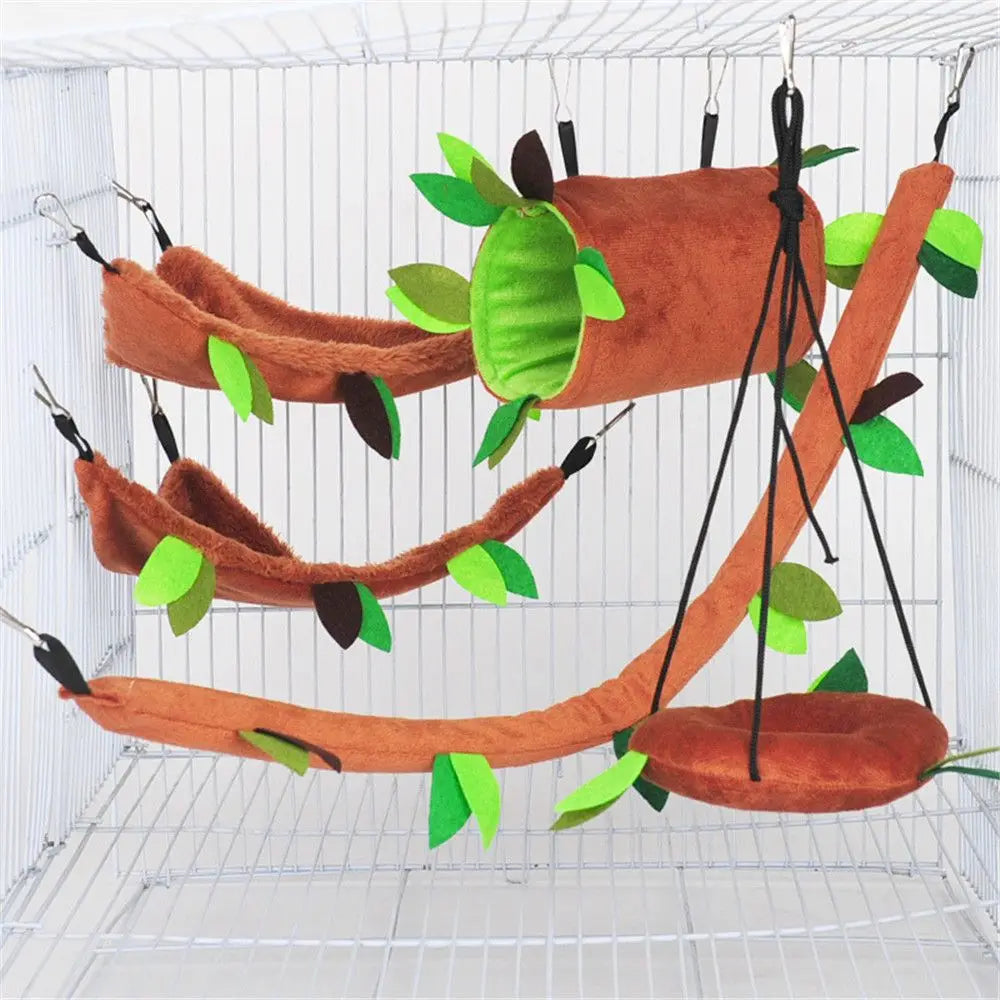 Small Animal Hanging Hammock Set — Soft Plush Cage Bed & Tunnel