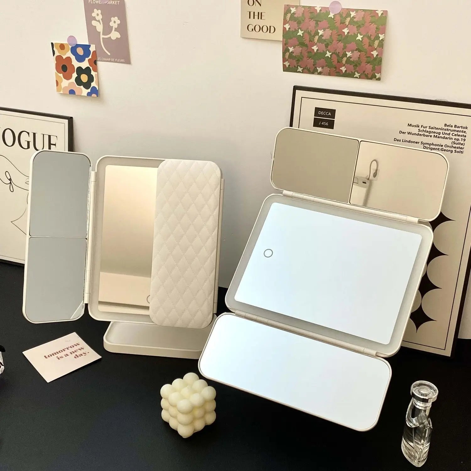 Trifold LED Makeup Mirror — Adjustable Magnification & Three Light Modes
