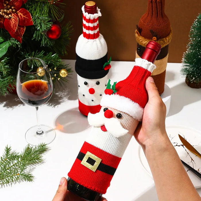 Knitted Christmas Wine Bottle Cover — Festive Santa and Snowman Design