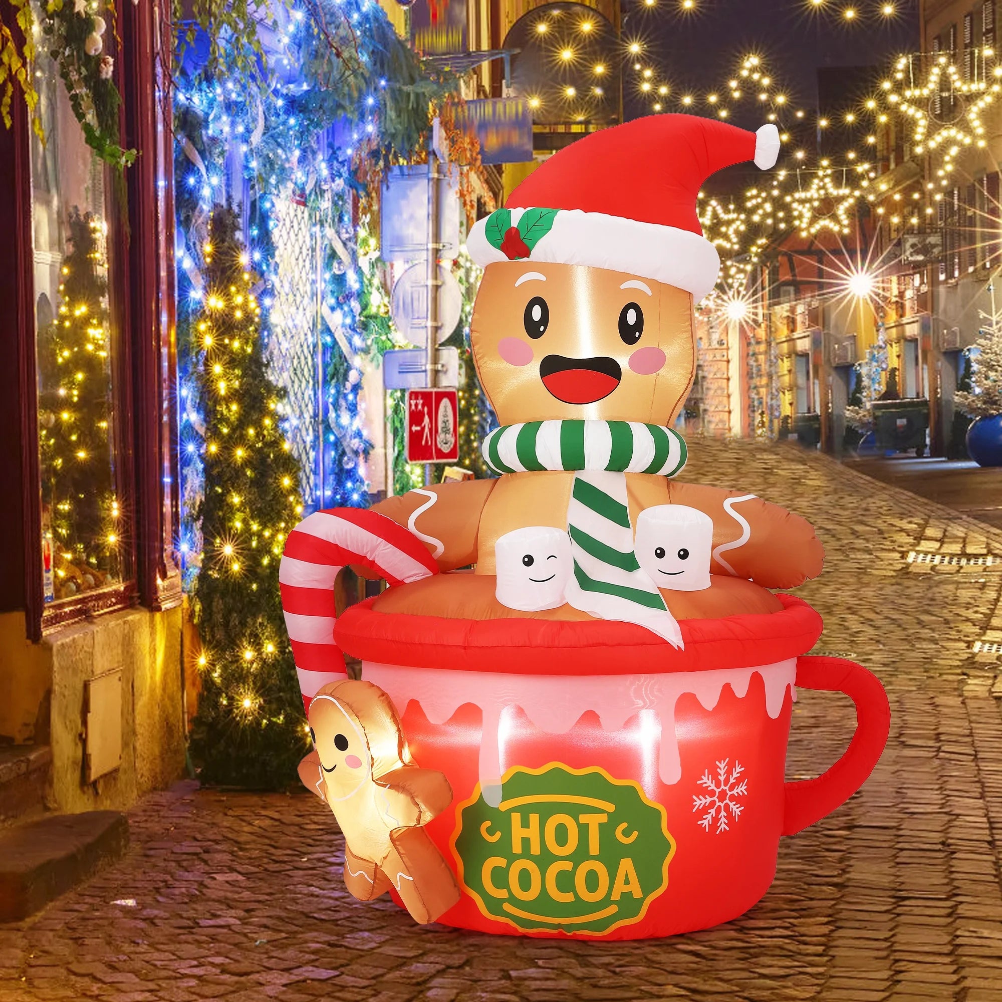 HiMISS 6ft Gingerbread Man Inflatable — Glowing Hot Cocoa Mug Yard Decor