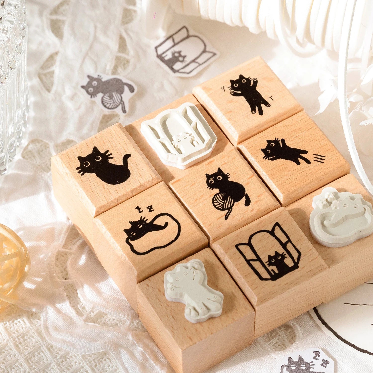 Black Cat Wooden Rubber Stamp — Retro Decorative Seal for Scrapbooking