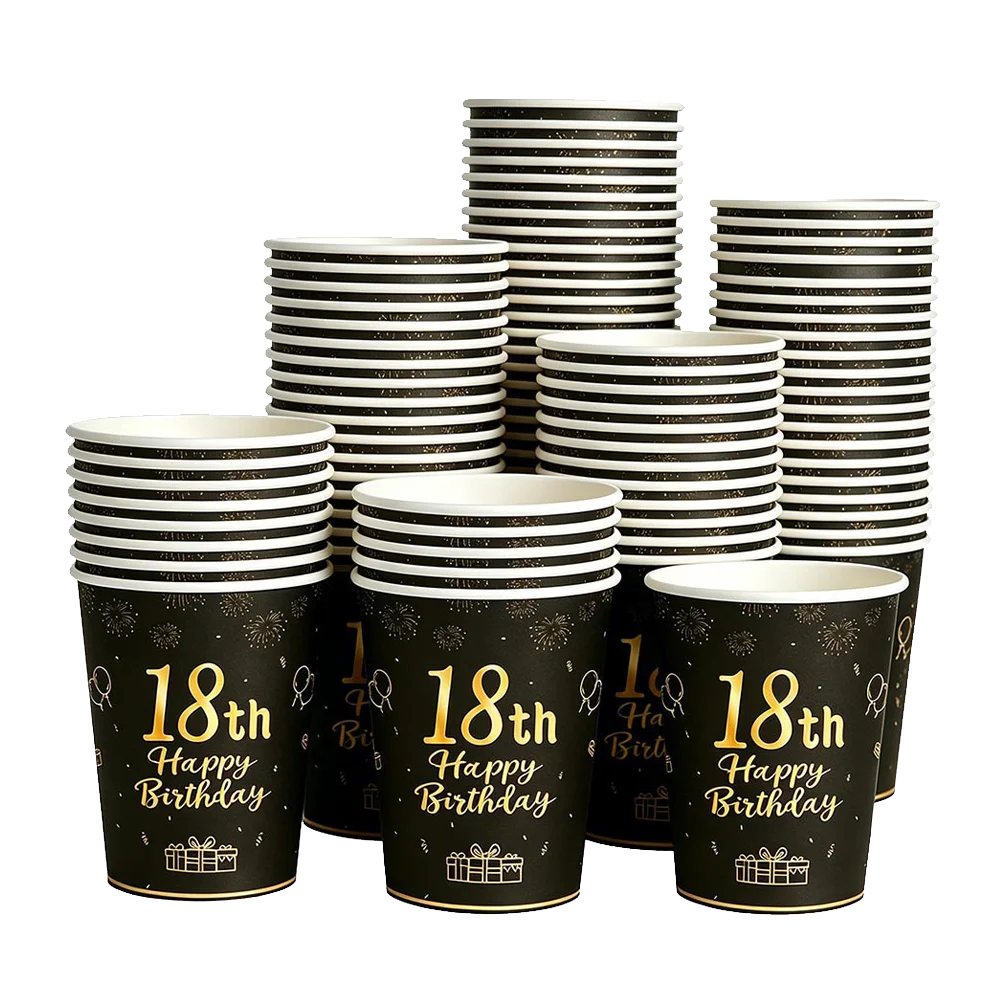 PartiesTour Black and Gold Disposable Paper Cups — Elegant Birthday Party Supplies