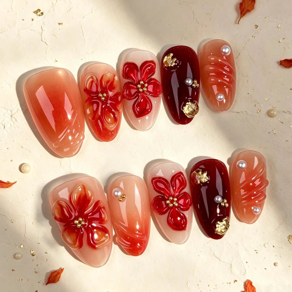 Short Almond Fall Flower Press On Nails — 3D Handmade Floral Manicure Set