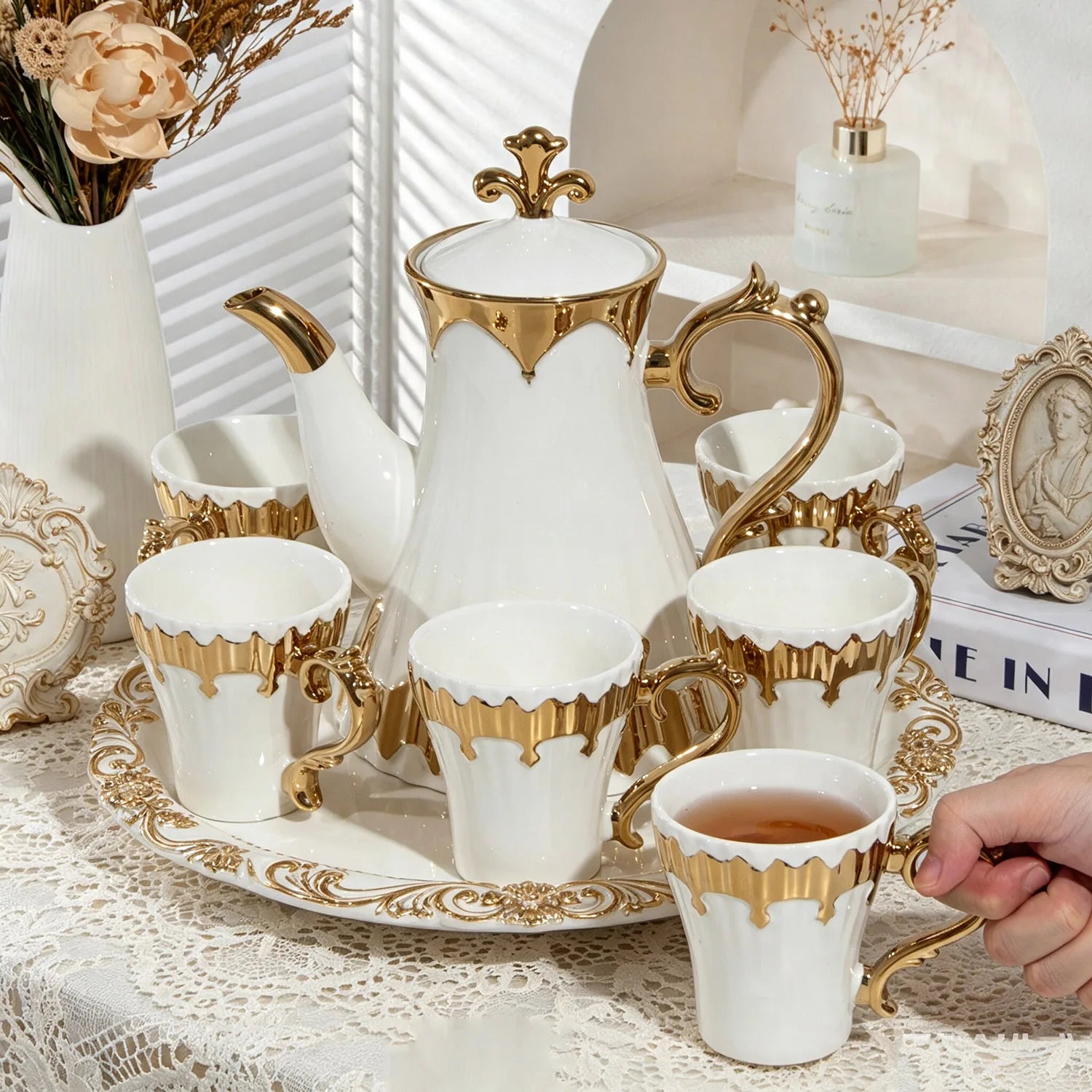 Luxury Porcelain Tea Set — Gilded Ceramic Teapot with 6 Cups and Tray
