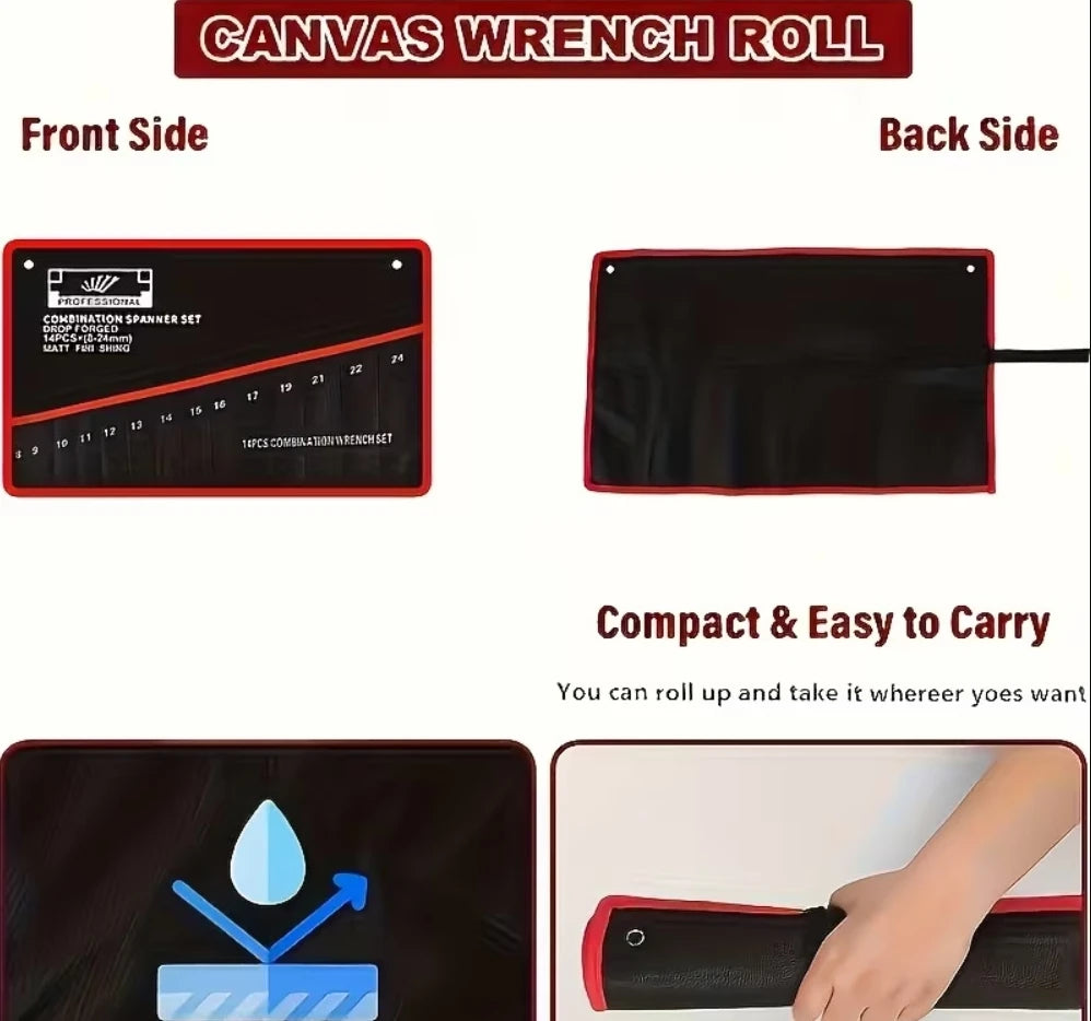 14-Pocket Tool Organizer Roll — Heavy Duty Canvas Wrench Storage Bag