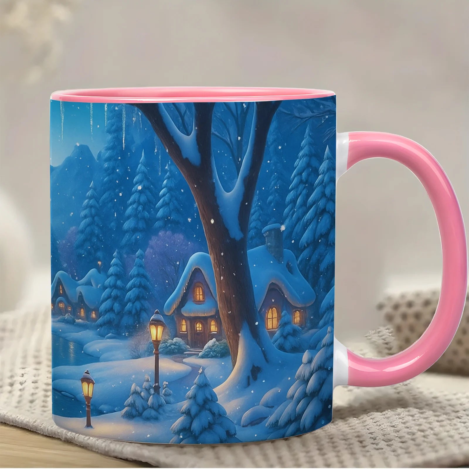 Winter Wonderland Ceramic Mug — Snowy Cottage & River Scene Coffee Cup