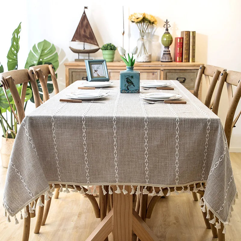 Cotton Linen Stripe Tassel Tablecloth — Stain Resistant Dining Decor
