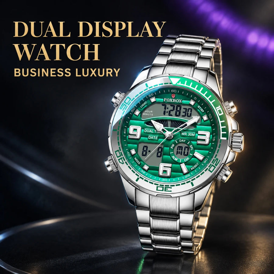 foxbox Men's Dual Display Watch — Luxury Quartz Analog-Digital Wristwatch