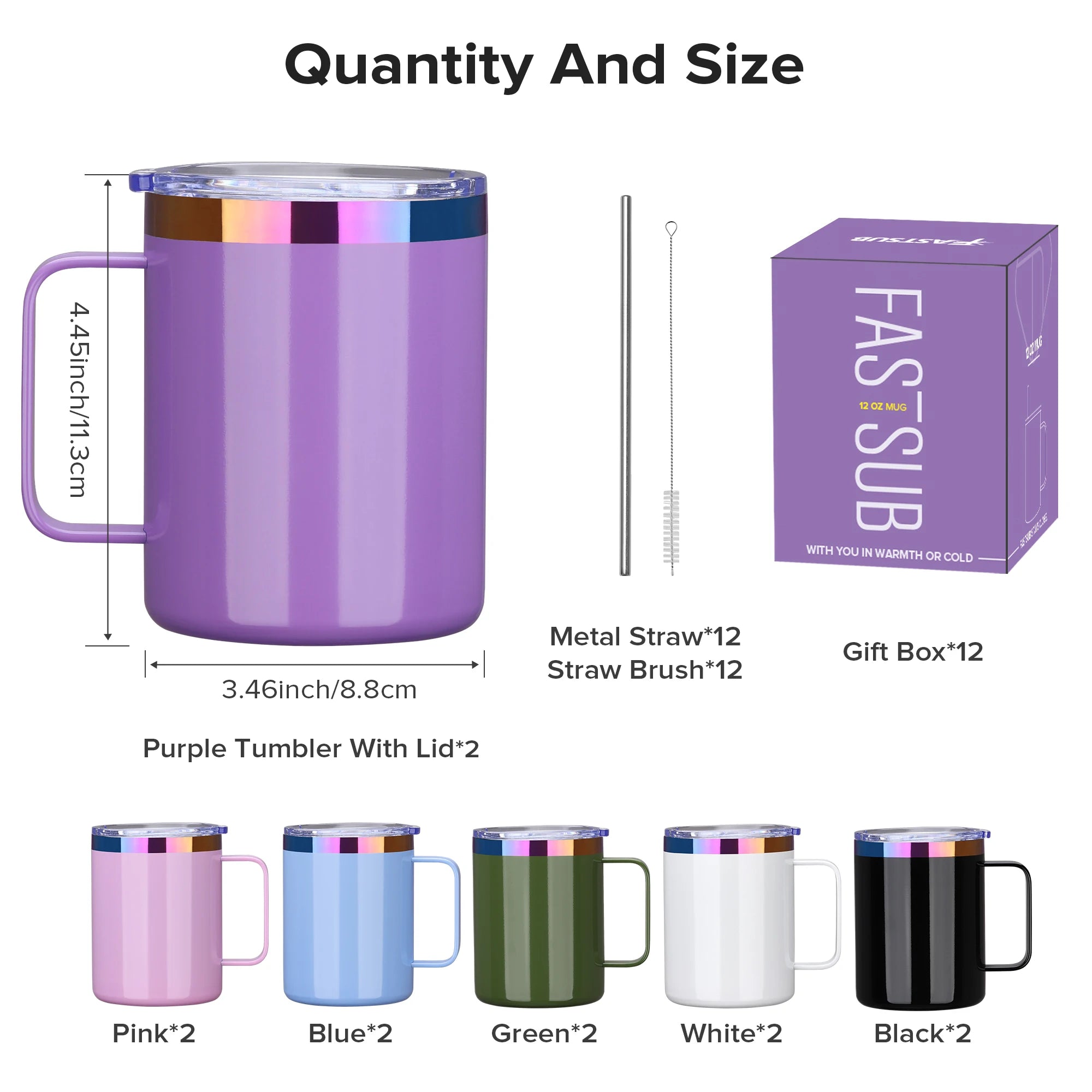 Fastsub Rainbow Coffee Cups — 12 Pack Insulated Stainless Steel Mugs
