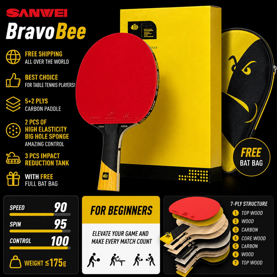 SANWEI BravoBee Carbon Table Tennis Paddle — Professional Control & Spin Bat