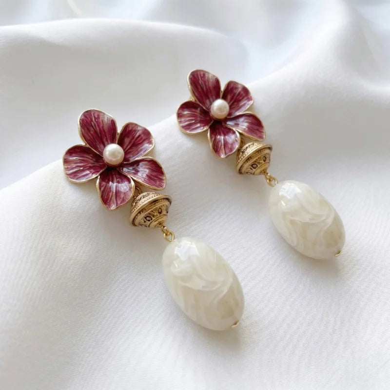 Obega Vintage Floral Enamel Drop Earrings — Romantic White Bead Dangle Jewelry