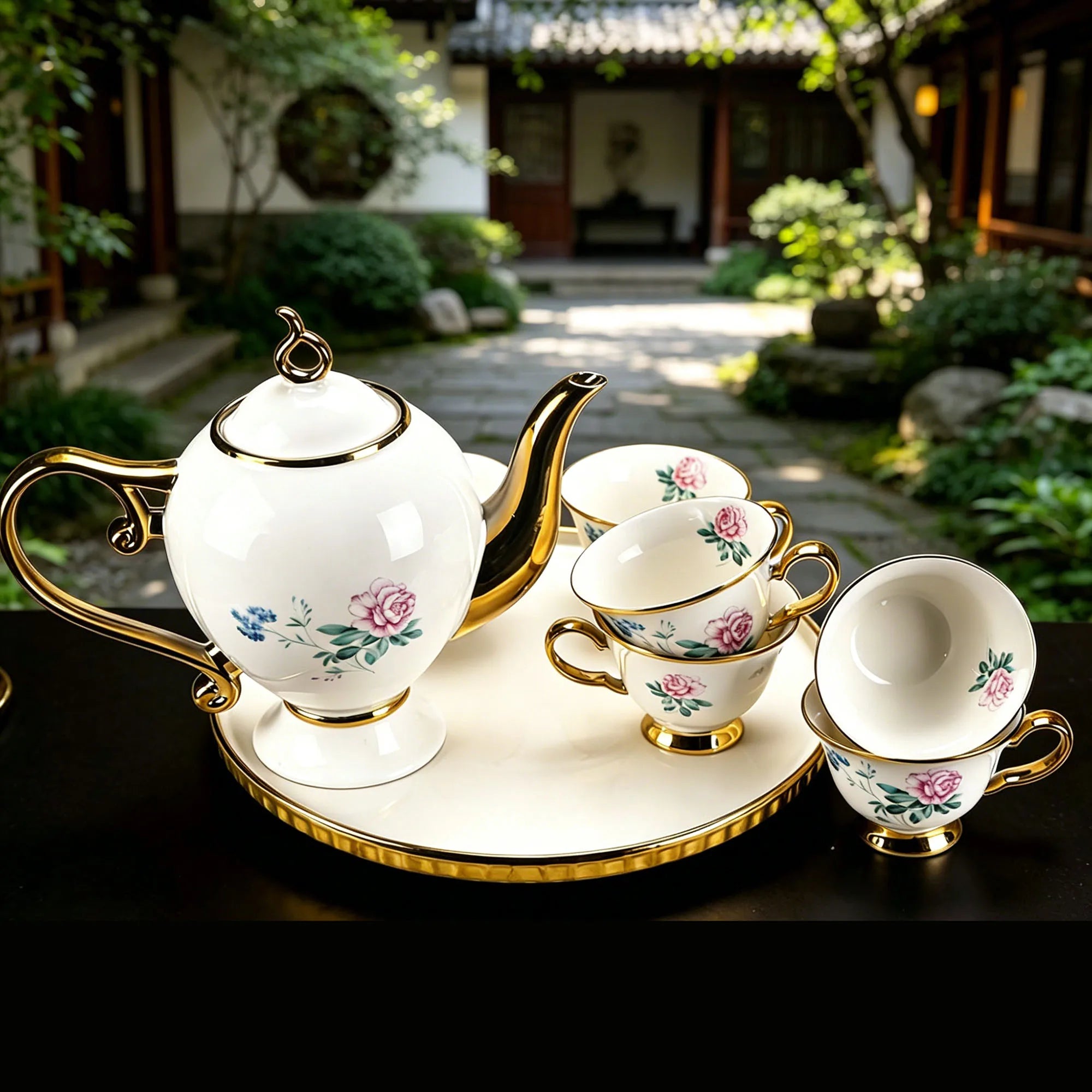Vintage Floral Porcelain Tea Set — 8-Piece Ceramic Set with Gold Trim