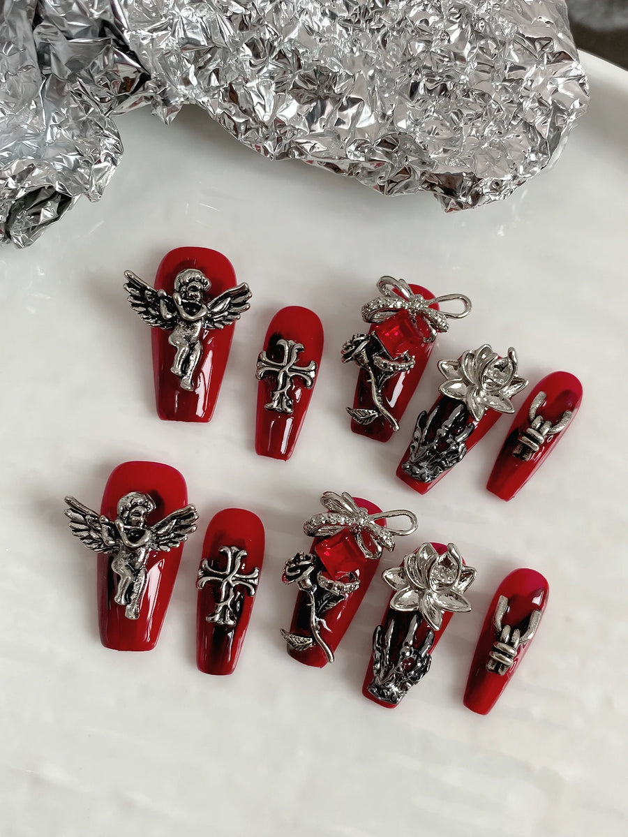 Long Coffin Press-On Nails — Gothic Red Style with 3D Metal Accents