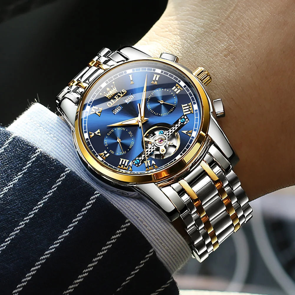 OLEVS 6607 Automatic Mechanical Watch — Business Skeleton Design with Stainless Steel Strap