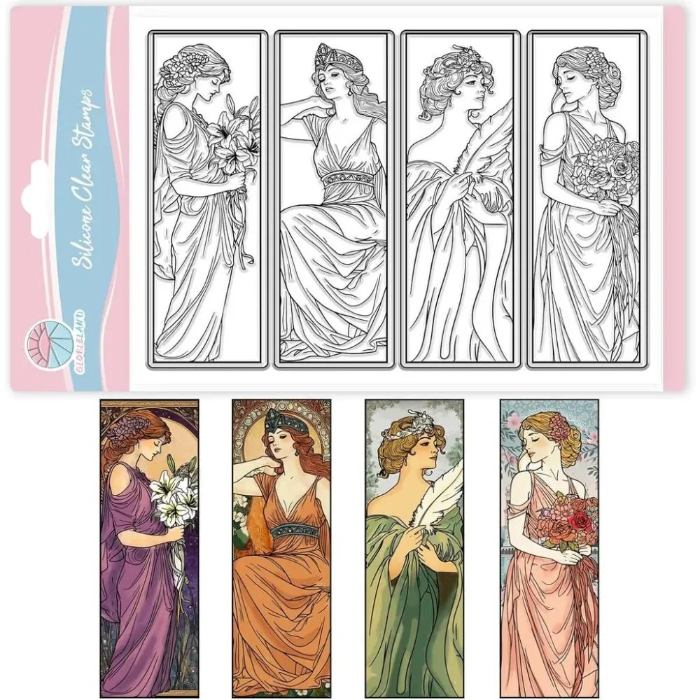 Vintage Woman Clear Stamp Set — Floral Bookmark Designs for Scrapbooking