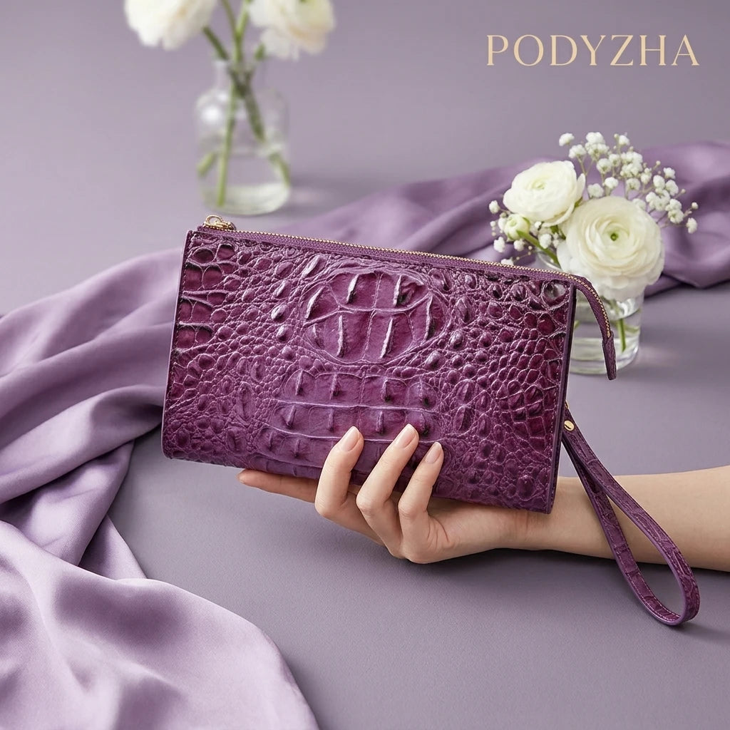 Crocodile Embossed Crossbody Wristlet — Versatile Clutch Bag with Adjustable Strap