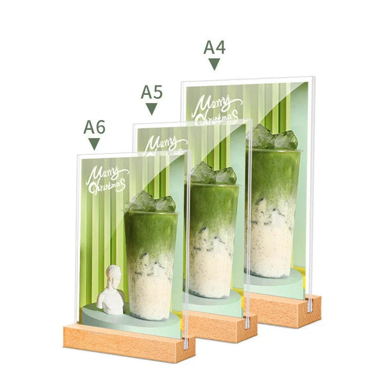 Acrylic Sign Holder with Wooden Base — Double-Sided Tabletop Display Stand