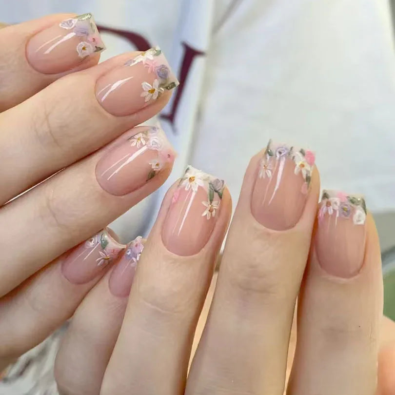 Pink Floral Press-On Nails — Short Almond French Tip Fake Nail Set